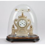 19th Century alabaster clock, the white enamel dial with Roman hours, the case with scrolls and gilt