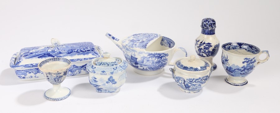 Collection of 19th Century blue and white transfer decorated pottery, to include a pepper, an egg