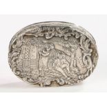 Dutch silver snuff box, the lid embossed with figures in a garden surrounded by scrolls, 6.5cm wide,