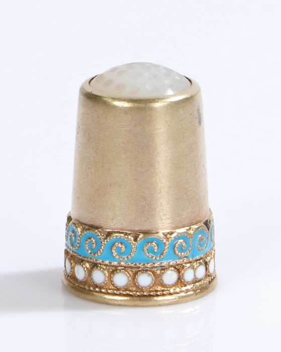 David Anderson Norwegian silver thimble with turquoise and white enamel decoration