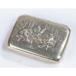 Dutch silver snuff box, the hinged lid with embossed depiction of figures seated at a table, 4.5cm