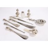 Collection of Silver, various dates and makers, to include three silver handled shoe horns, two