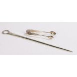 George III silver meat skewer, London 1787, together with a pair of silver sugar tongs, London 1902,