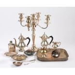 Plated ware, to include five branch candelabra, wine funnel, hip flask, shell form butter dish, four