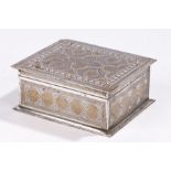 Middle Eastern white metal cigarette box, with gilt and niello style scroll decoration, 14cm