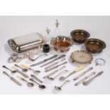Silver and plated wares, to include three coasters, napkin rings, silver mounted glass scent