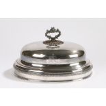 Plated meat dome with detachable scroll cast handle, the body engraved with a crest and latin