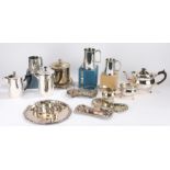 Silver plated wares, to include three piece tea set, biscuit barrel, tankards, candle snuffer and