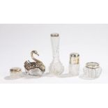 Silver mounted glassware, to include spill vase, salt, swan form pot, scent bottle and dressing