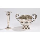 George V silver rose bowl, Birmingham 1919, with arched handles above the bowl and pedestal foot,