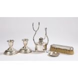 Pair of Wallace sterling squat candlesticks with loaded domed bases, white metal pin dish stamped