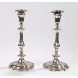 Pair of silver plated candlesticks, the hexagonal bodies with beaded sconces, tapering waisted