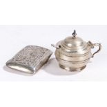 Silver mustard, Birmingham, date letter rubbed, together with a silver cigarette case, 3.2oz (2)
