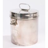 19th Century silver plated traveling supper box, of cylindrical form and initial to the front,