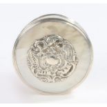 Continental silver and mother of pearl box and cover, of cylindrical form, the lid with pierced