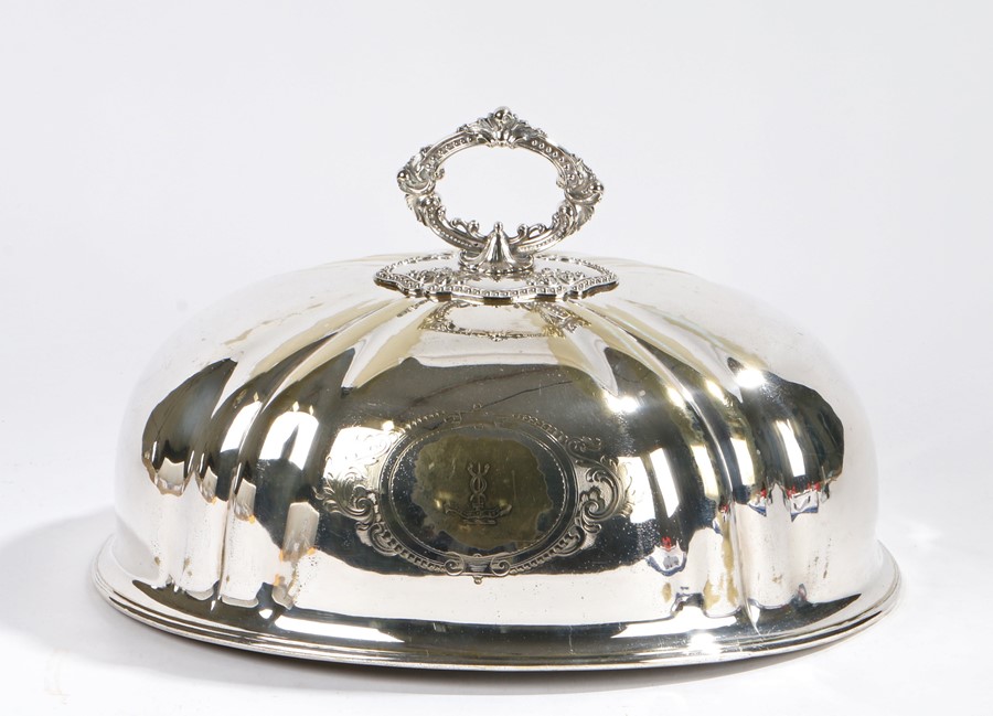 Plate on brass meat dome, with beaded scroll cast detachable handle, the gadrooned body with oval