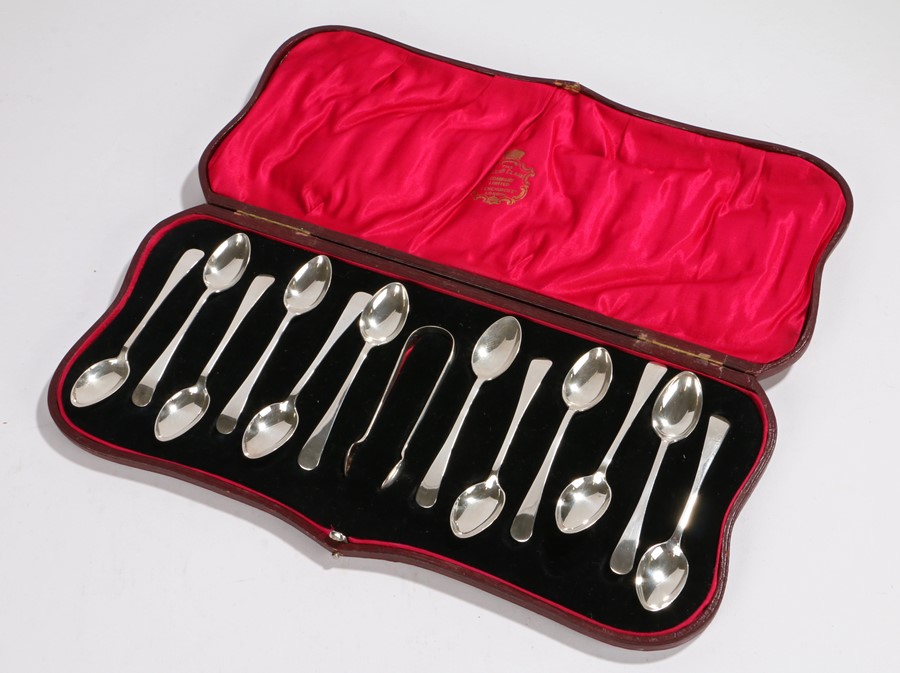 Set of twelve George V silver teaspoons and sugar tongs, Birmingham 1918, maker Alexander Clark & Co