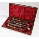 Victorian silver mounted antler handled five piece carving set, the mounts Sheffield 1895, maker