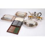 Silver and plated ware, to include set of six cased silver handled tea knives, cased set of six