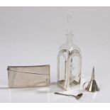Silver overlaid clear glass scent bottle, silver card case, funnel and spoon (4)