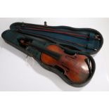 Violin and three bows, housed in a violin case, AF