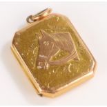 15 carat gold locket decorated with a horses head in profile, the interior with hair panel and black