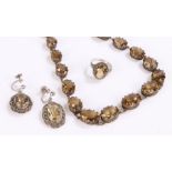 Citrine set jewellery to include ring, ring size O1/2, necklace and two earrings with screw fittings