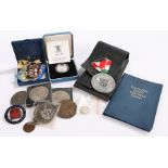 Collection of coins, to include a silver proof £1 coin 1989, George III Penny, Crowns, Decimal