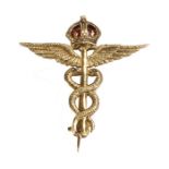 Gold caduceus brooch, with enamelled crown terminal, 2.8g