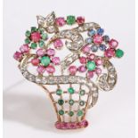 Sapphire, emerald, ruby and clear paste brooch, modelled as a floral basket, 44.5mm x 47mm