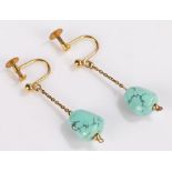 Pair of 9 carat gold turquoise set earrings, the turquoise mounted on short chains above the screw