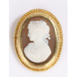 Gold cameo brooch, the detailed cameo depicting a lady in profile wearing a bead necklace, housed in