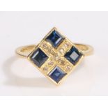 18 carat gold sapphire and diamond ring, the four square cut sapphires totalling 1.27ct, ring size