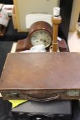 Collection of items, to include a print, newspapers, typewriter, oak lamp, leather case, vanity set,