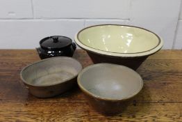 Pottery dairy bowl, together with a pot and cover, a roasting pot and another, (4)
