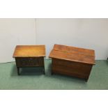 Small oak coffer with hinged lid, 60cm wide small oak coffer with carved front panel, 43.5cm wide (
