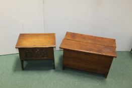 Small oak coffer with hinged lid, 60cm wide small oak coffer with carved front panel, 43.5cm wide (