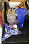 Four pieces of art glass, to include three vases and a low dish, (4)