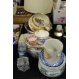 Collection of pottery and porcelain, to include a large bowl/basin, tureen, bowls, Jubilee barrel,