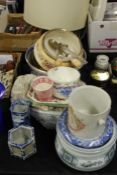 Collection of pottery and porcelain, to include a large bowl/basin, tureen, bowls, Jubilee barrel,