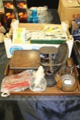 Collection of items, to include an oak tray, a set of scales, mahogany box, oak and glass dish
