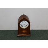 Edwardian mahogany mantel clock, the lancet case with shell inlaid and a white enamel dial