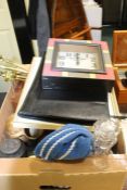 Works of art to include turned wooden salt holder, brass companion set, scale weights etc.