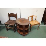 Oak and leather upholstered chair on turned legs, cane seated dressing table chair with low back,