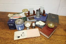 Collection of objects, to include a barometer, Jasper biscuit barrel, brass objects, silver plated