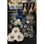 Collection of glass and porcelain, to include sets of glasses, a blue glass jug, serving dish,