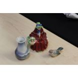Porcelain, to include a Copenhagen vase, a bird and a Royal Doulton figure Linda HN2106, (3)