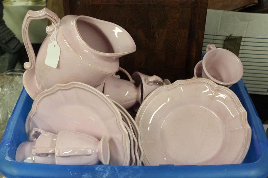 Pottery service, in pink glaze