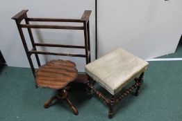 Edwardian towel rail, walnut occasional table, oak stool with barley twist legs and stretchers (3)