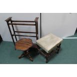 Edwardian towel rail, walnut occasional table, oak stool with barley twist legs and stretchers (3)